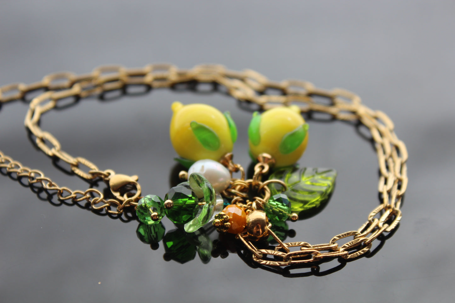 Hand Made Glass Lemon Necklace with Gold Hardware