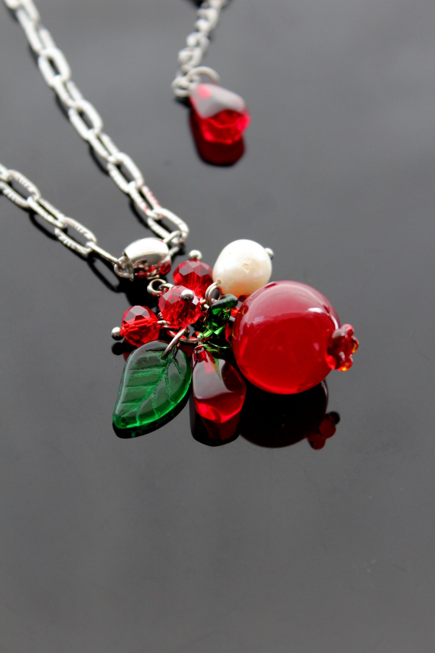 Hand Made Glass Pomegranate pendant necklace with Natural Pearl