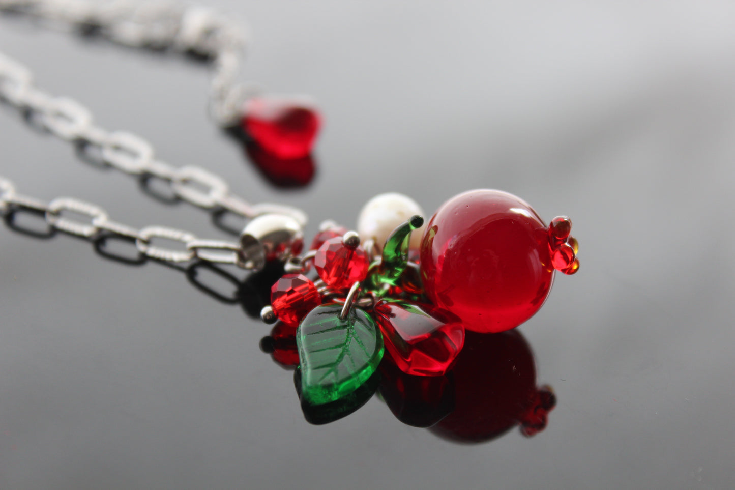 Hand Made Glass Pomegranate pendant necklace with Natural Pearl