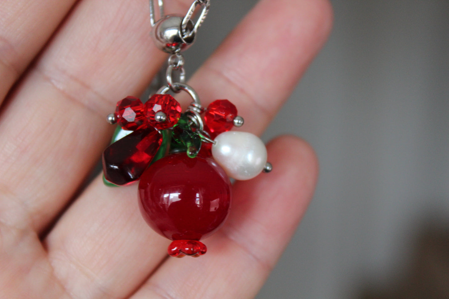 Hand Made Glass Pomegranate pendant necklace with Natural Pearl