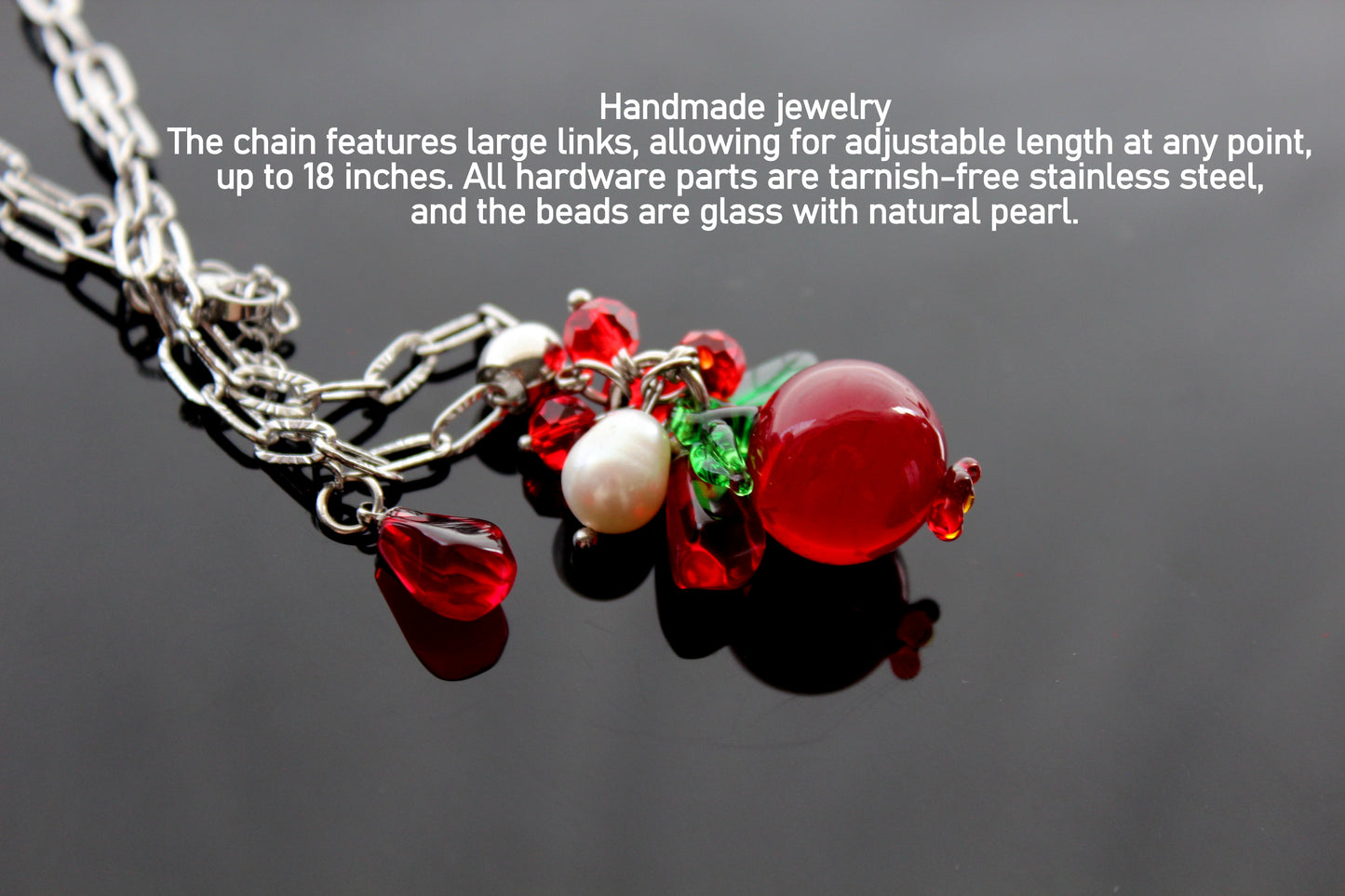 Hand Made Glass Pomegranate pendant necklace with Natural Pearl