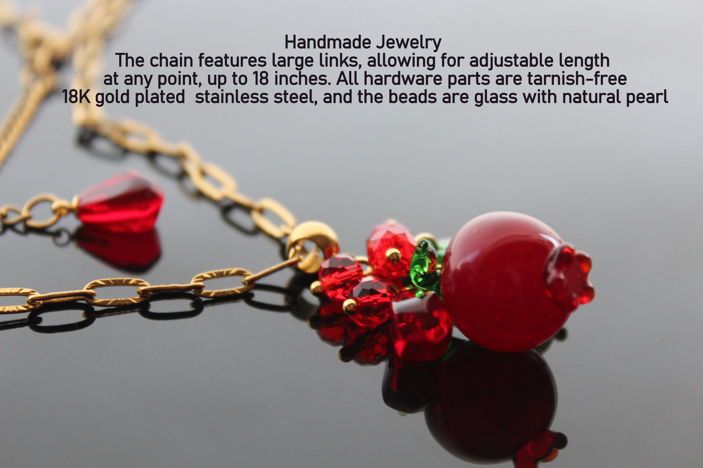 Hand Made Glass Pomegranate pendant necklace with Natural Pearl