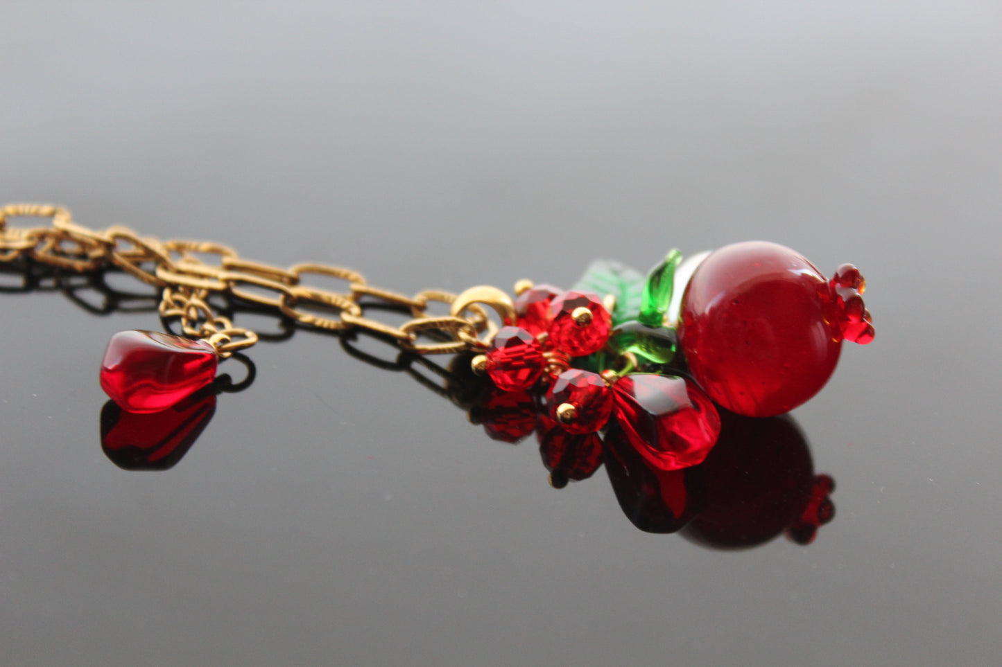 Hand Made Glass Pomegranate pendant necklace with Natural Pearl