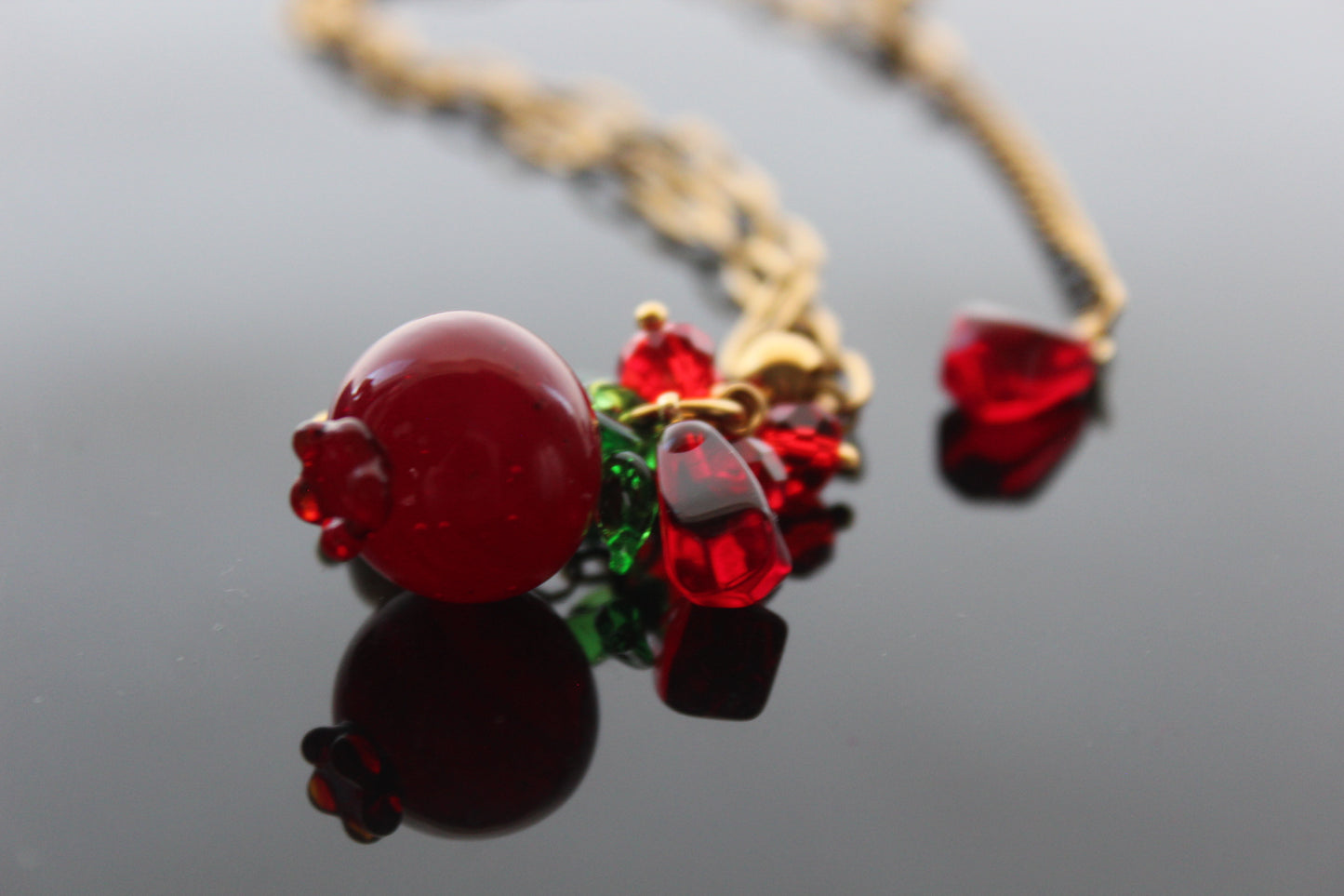 Hand Made Glass Pomegranate pendant necklace with Natural Pearl