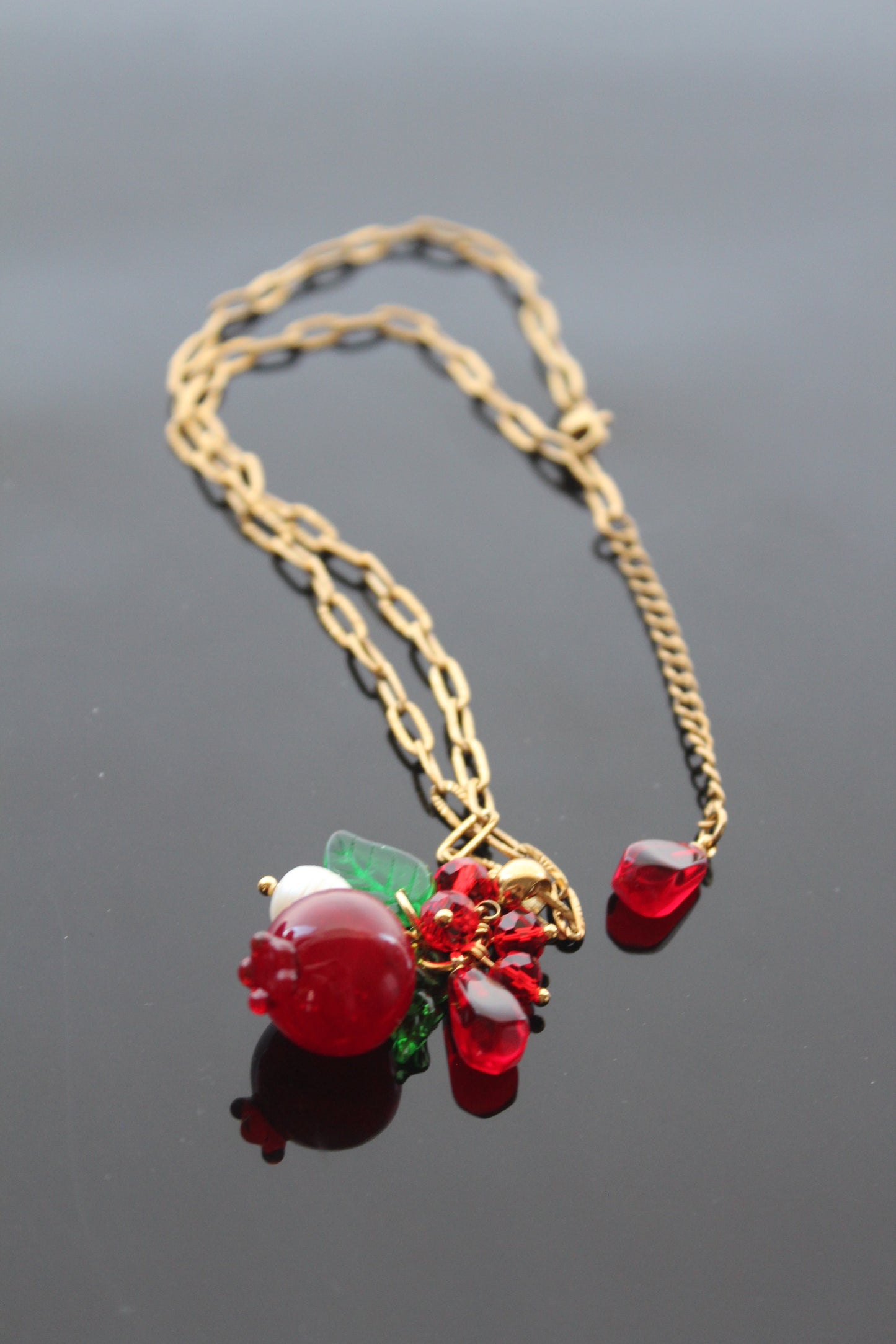 Hand Made Glass Pomegranate pendant necklace with Natural Pearl