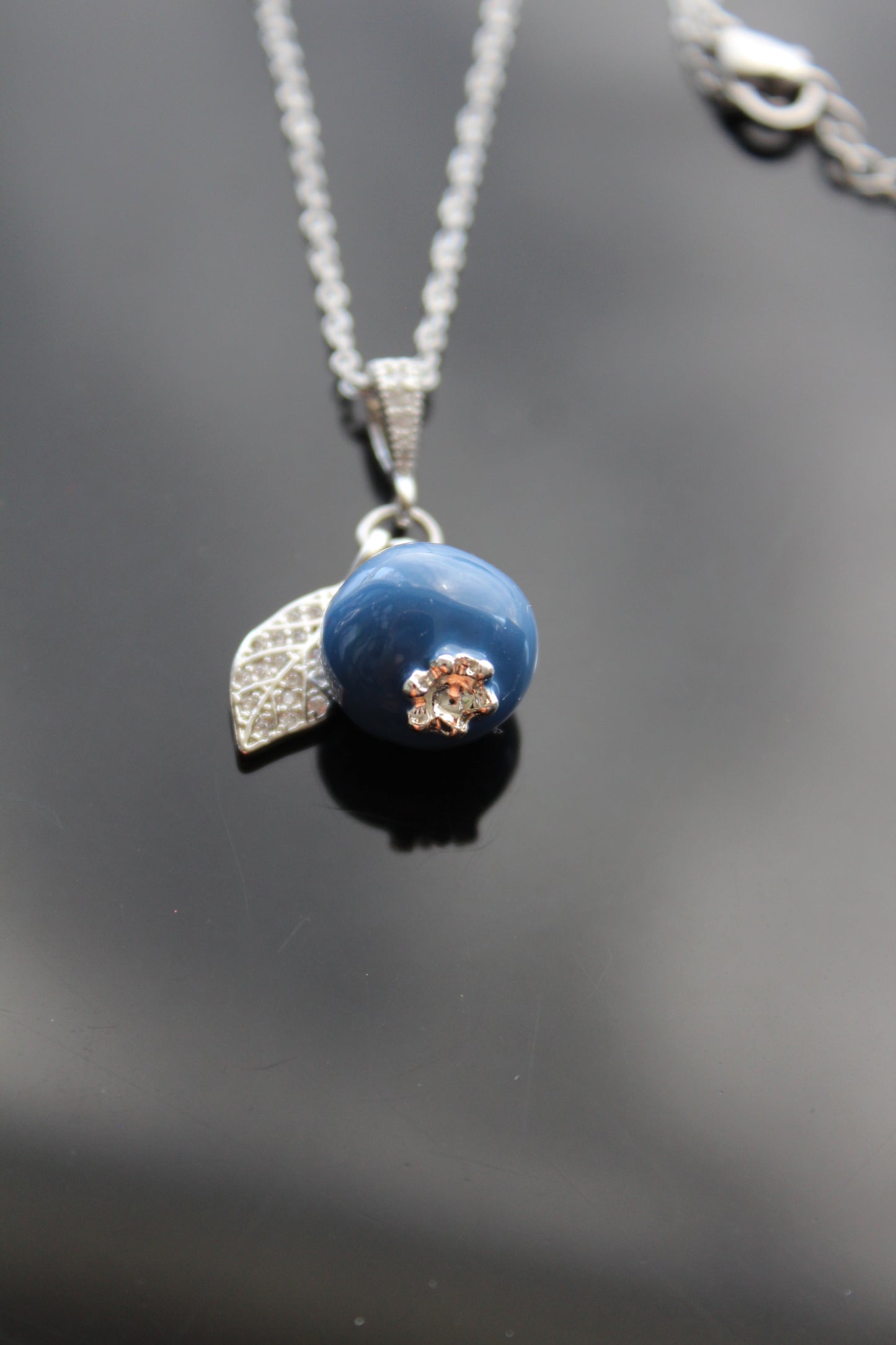 Handmade Enamel Blueberry Pendant Necklace with Crystal Leaf, Silver Chain, Blue
