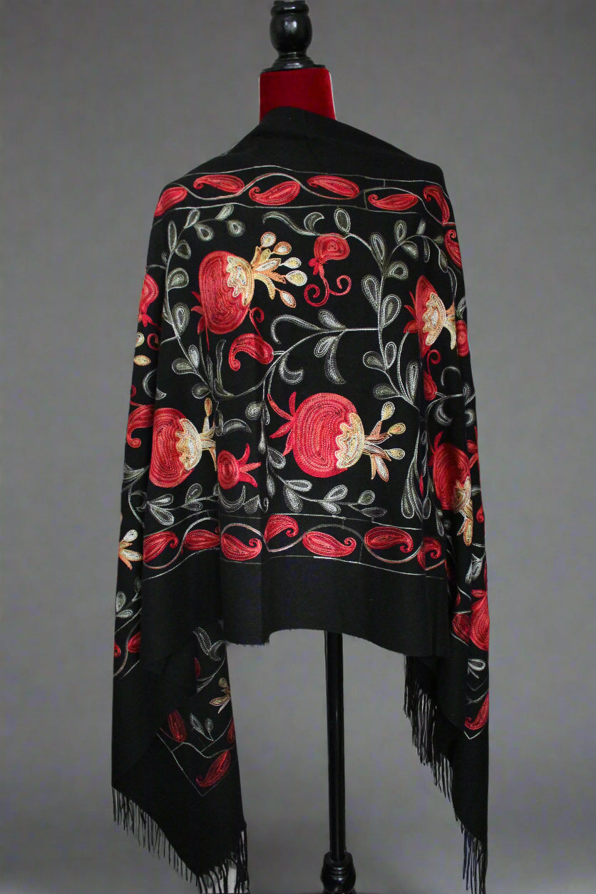 27-70 in Embroidered Cashmere  Scarf with Pomegranates Black and Gray