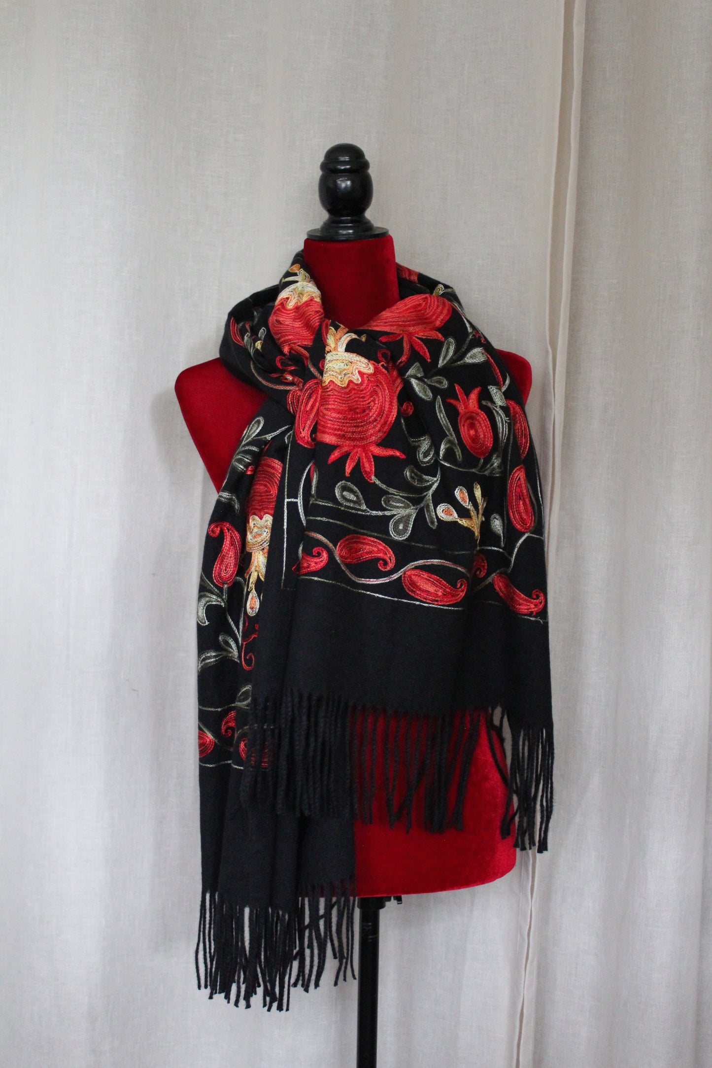 27-70 in Embroidered Cashmere  Scarf with Pomegranates Black and Gray