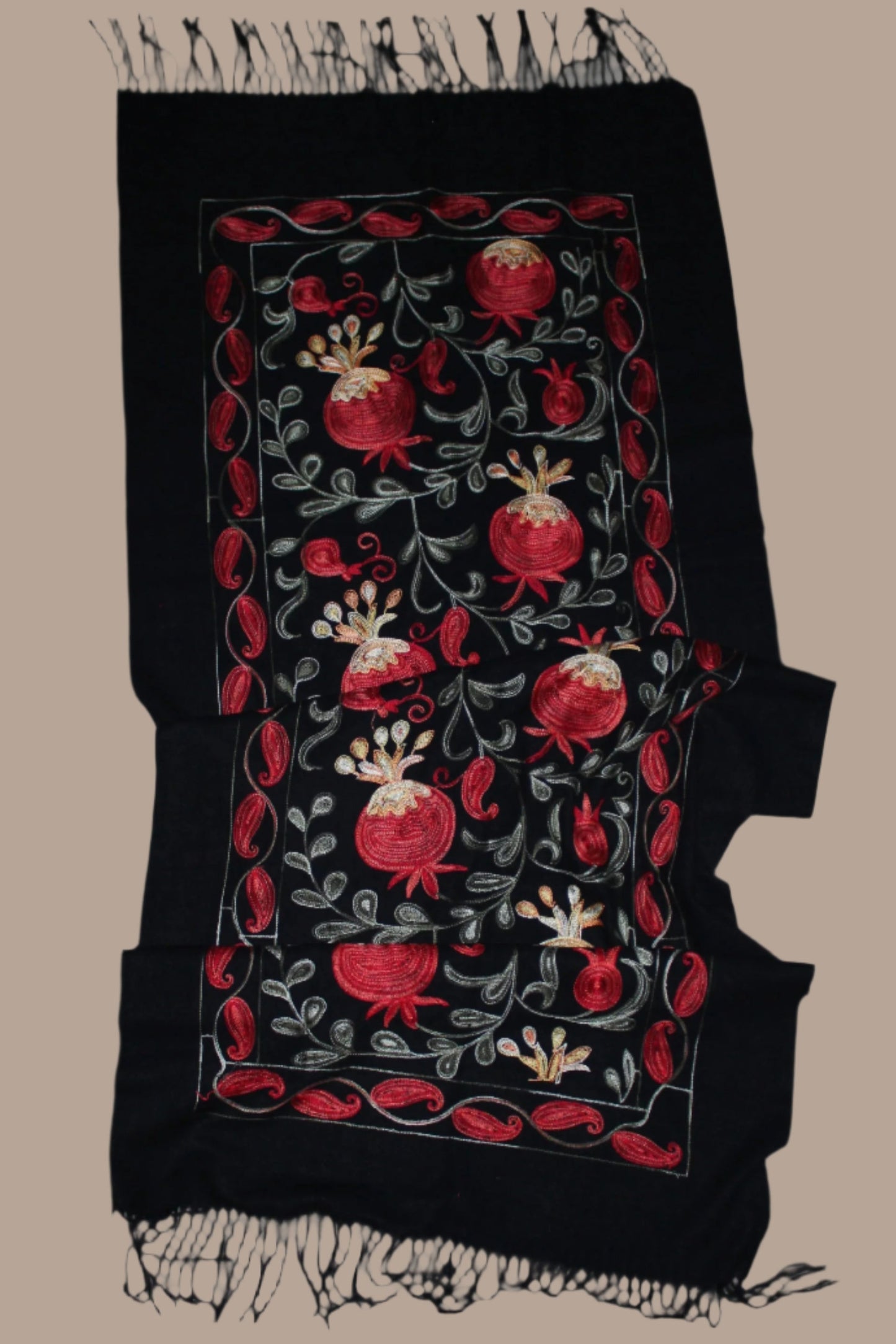 27-70 in Embroidered Cashmere  Scarf with Pomegranates Black and Gray