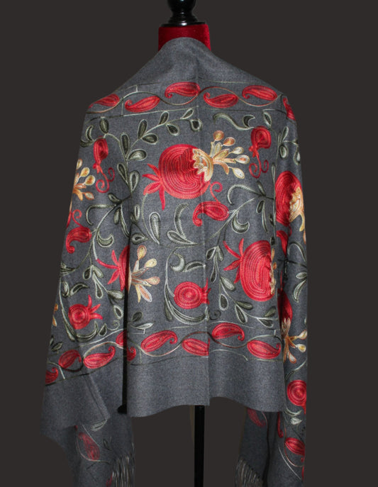 27-70 in Embroidered Cashmere  Scarf with Pomegranates Black and Gray