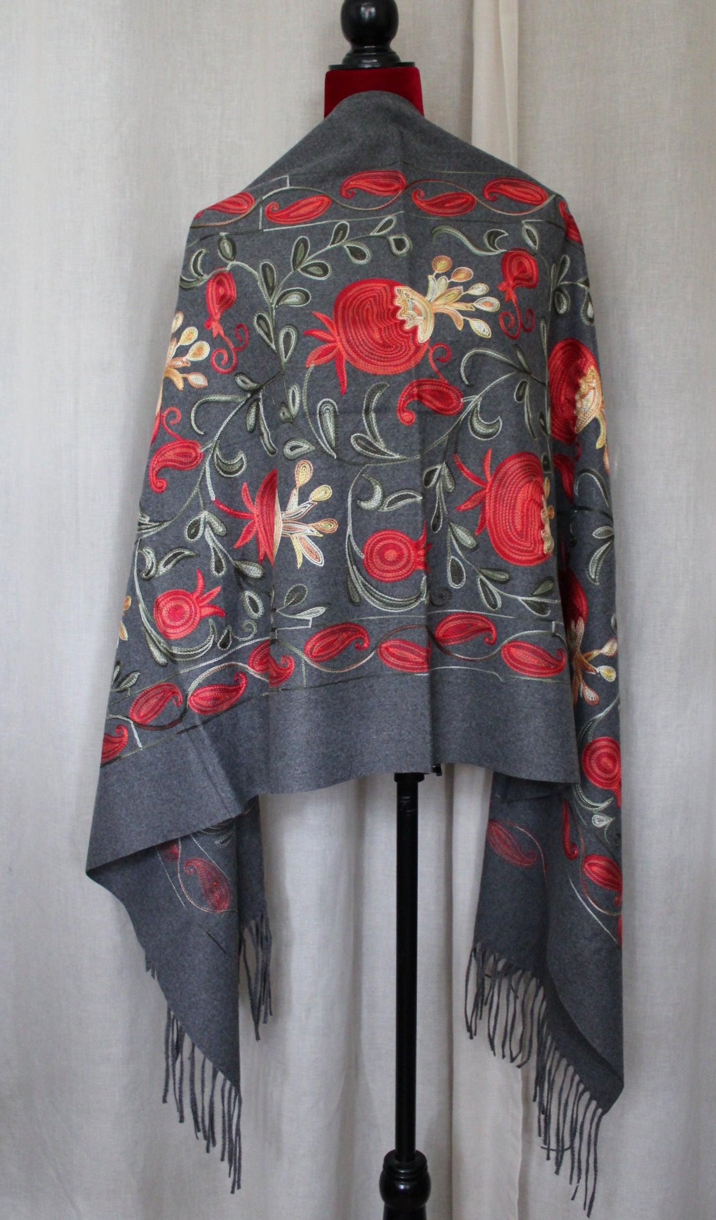 27-70 in Embroidered Cashmere  Scarf with Pomegranates Black and Gray