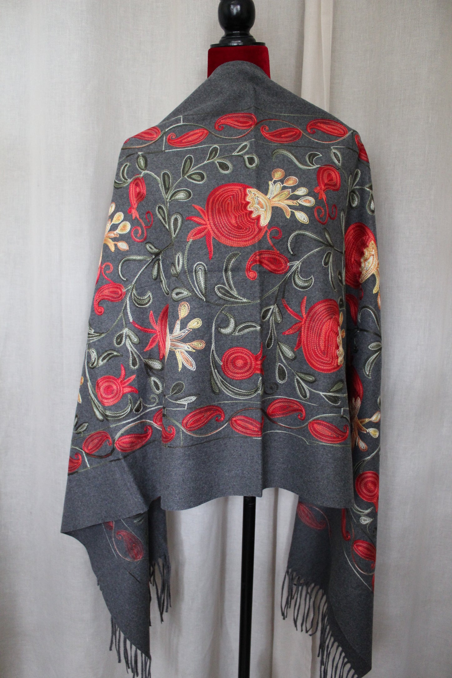 27-70 in Embroidered Cashmere  Scarf with Pomegranates Black and Gray