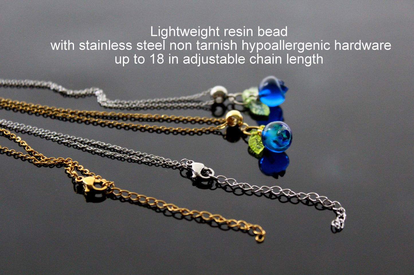 Lightweight Blueberry resin bead jewelry, crafted with non-tarnish, hypoallergenic stainless steel hardware