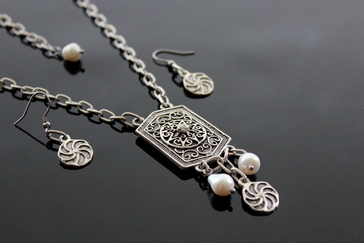 "Shield" Antique Silver Armenian Jewelry Set with Natural Pearls and Eternity Symbol