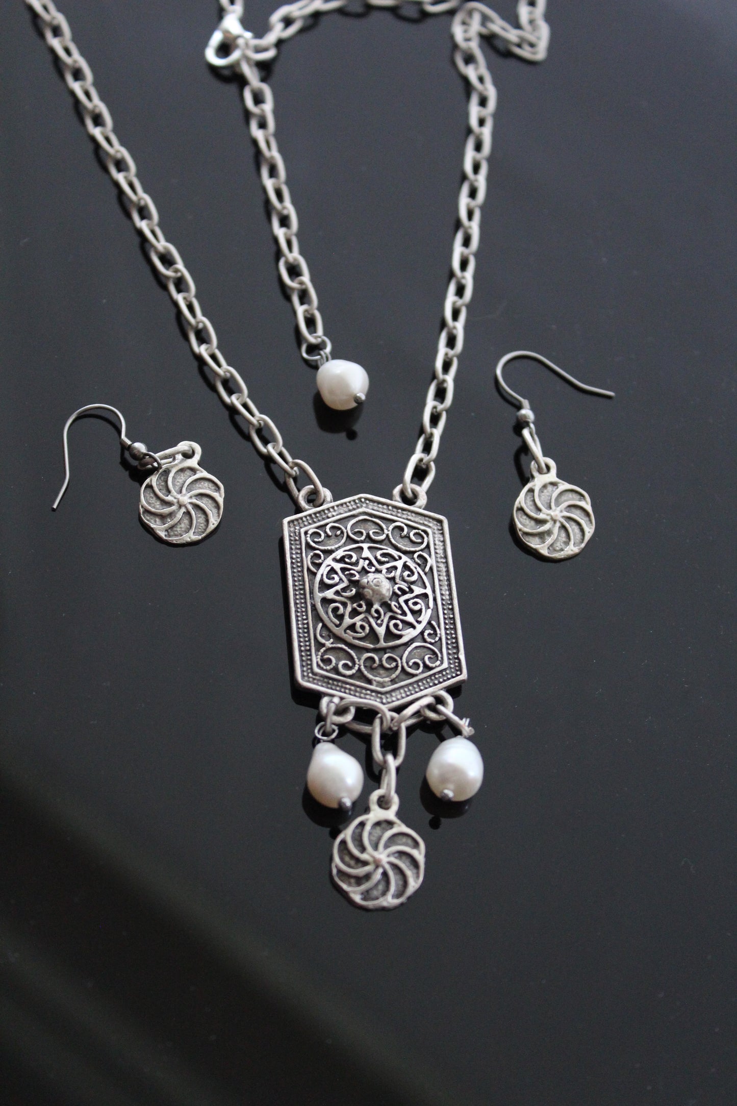 "Shield" Antique Silver Armenian Jewelry Set with Natural Pearls and Eternity Symbol