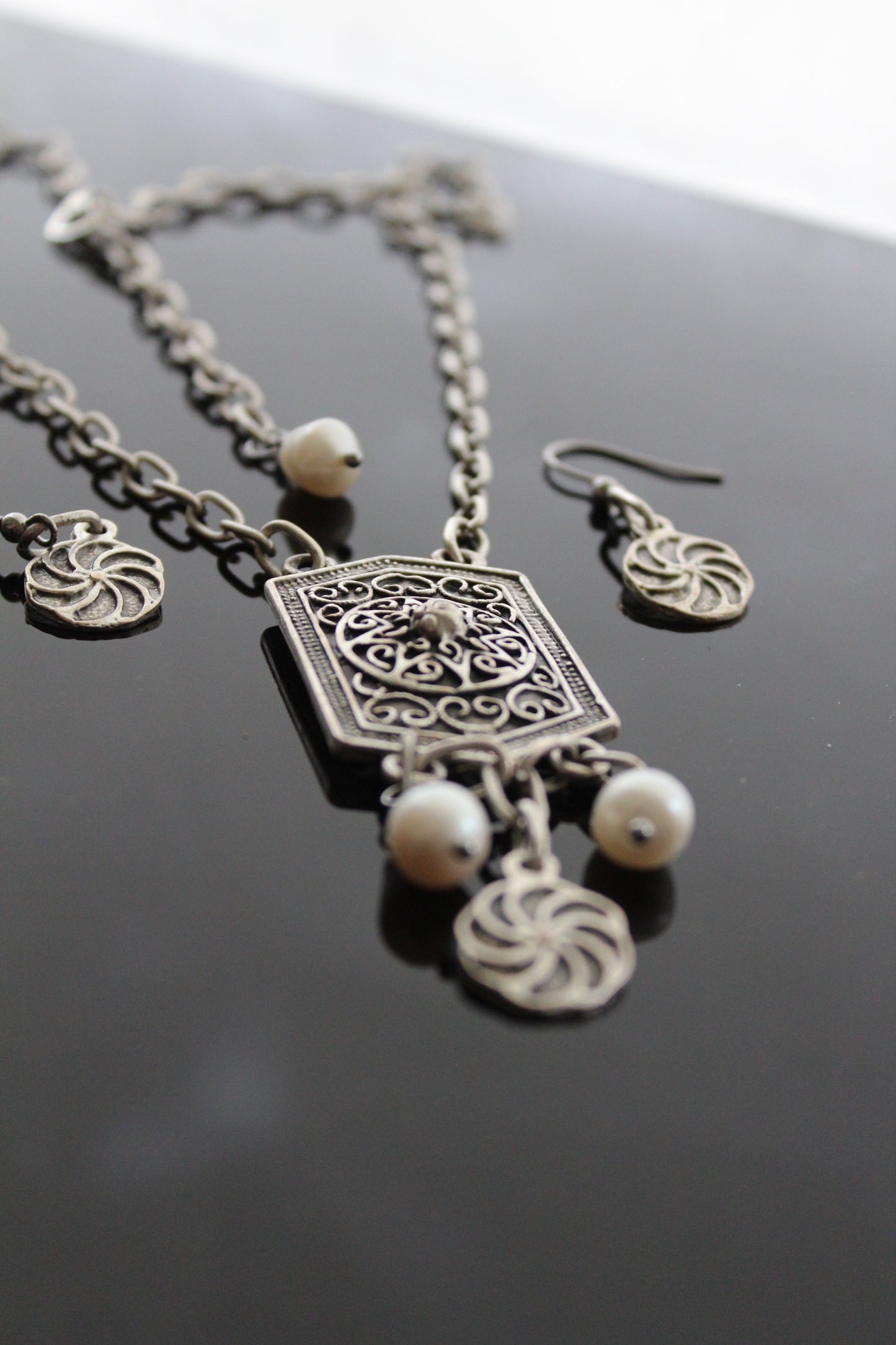 "Shield" Antique Silver Armenian Jewelry Set with Natural Pearls and Eternity Symbol