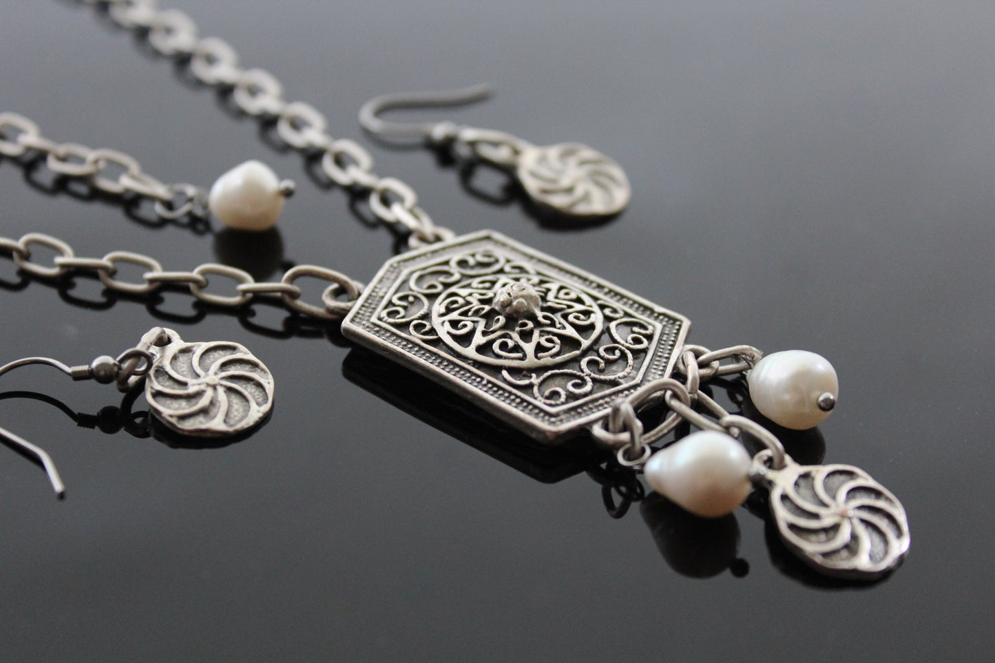 "Shield" Antique Silver Armenian Jewelry Set with Natural Pearls and Eternity Symbol
