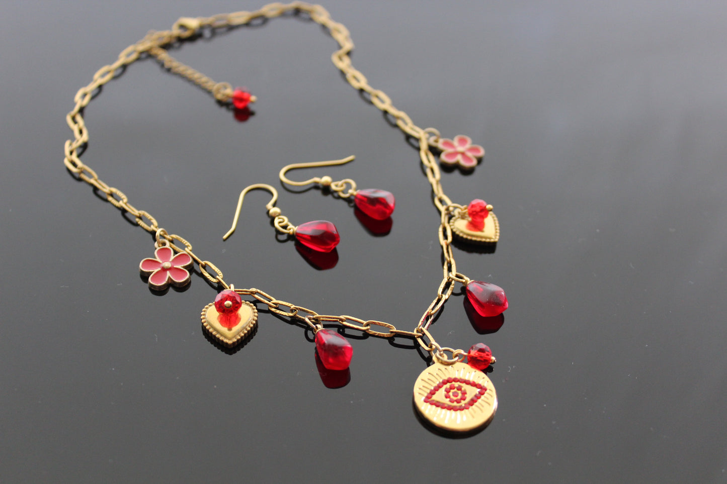 Handmade Evil Eyes Charm Pomegranate floral necklace with earrings