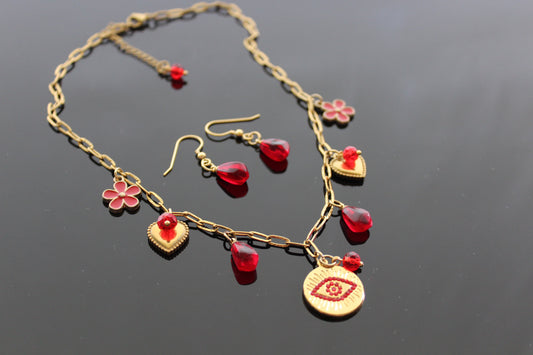 Handmade Evil Eyes Charm Pomegranate floral necklace  with earrings