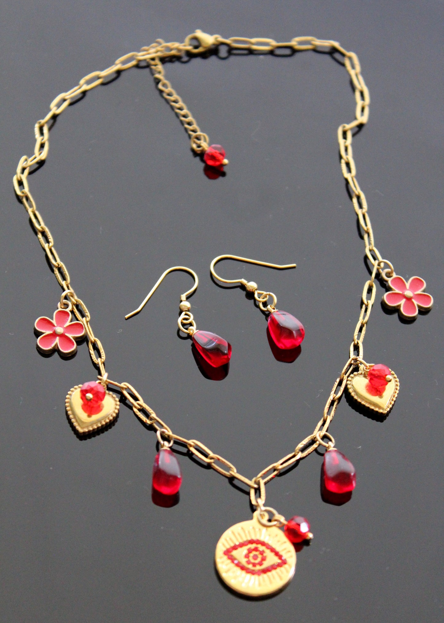 Handmade Evil Eyes Charm Pomegranate floral necklace with earrings