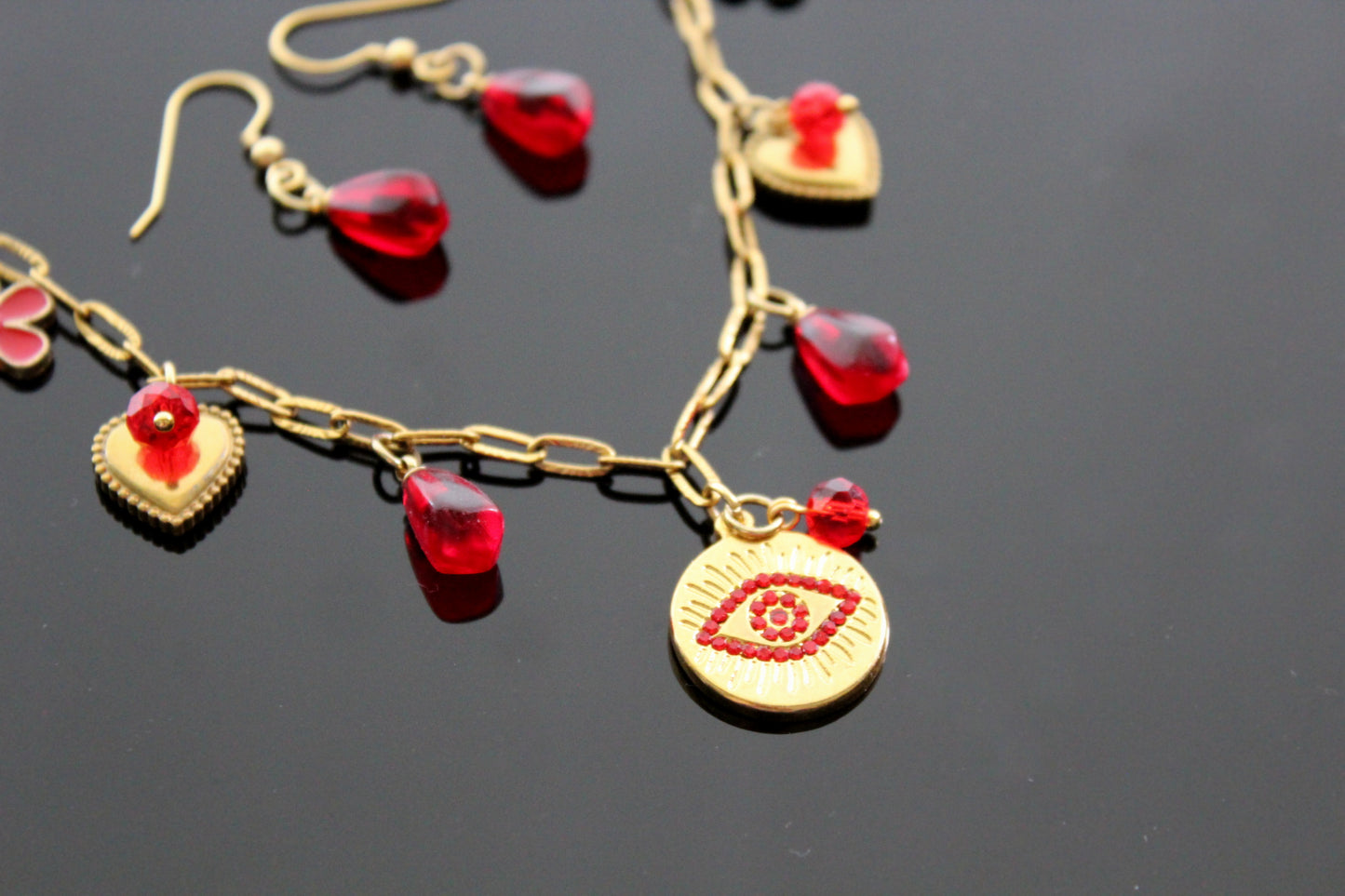 Handmade Evil Eyes Charm Pomegranate floral necklace with earrings