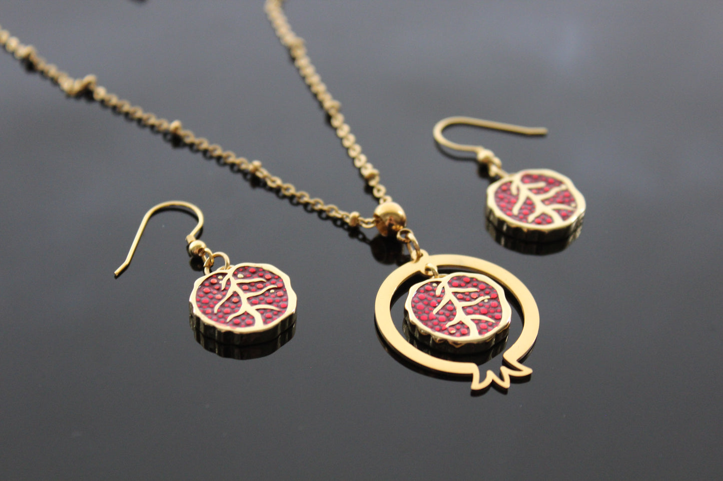 Handmade Pomegranate-shaped pendant and delicate matching earrings