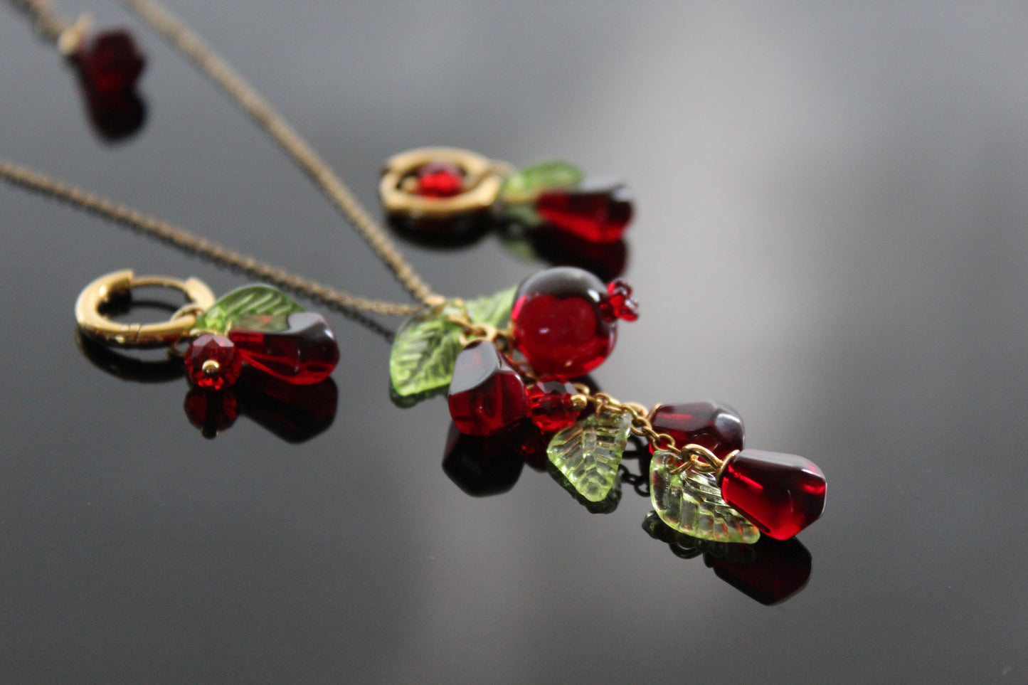 Handmade Fruit Jewelry Set, 18K Gold Plated Necklace and Earrings, Pomegranates