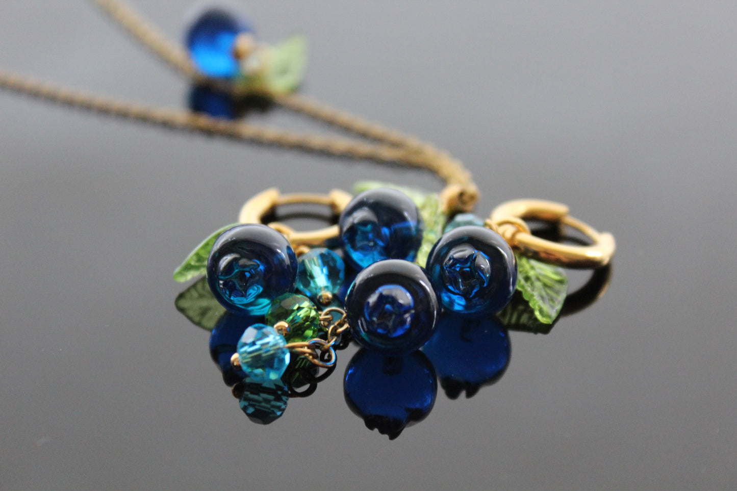 Handmade Fruit Jewelry Set, 18K Gold Plated Necklace and Earrings, Blueberry