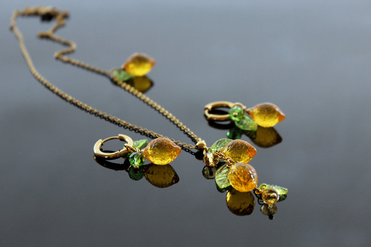 Handmade Fruit Jewelry Set, 18K Gold Plated Necklace and Earrings, Lemons