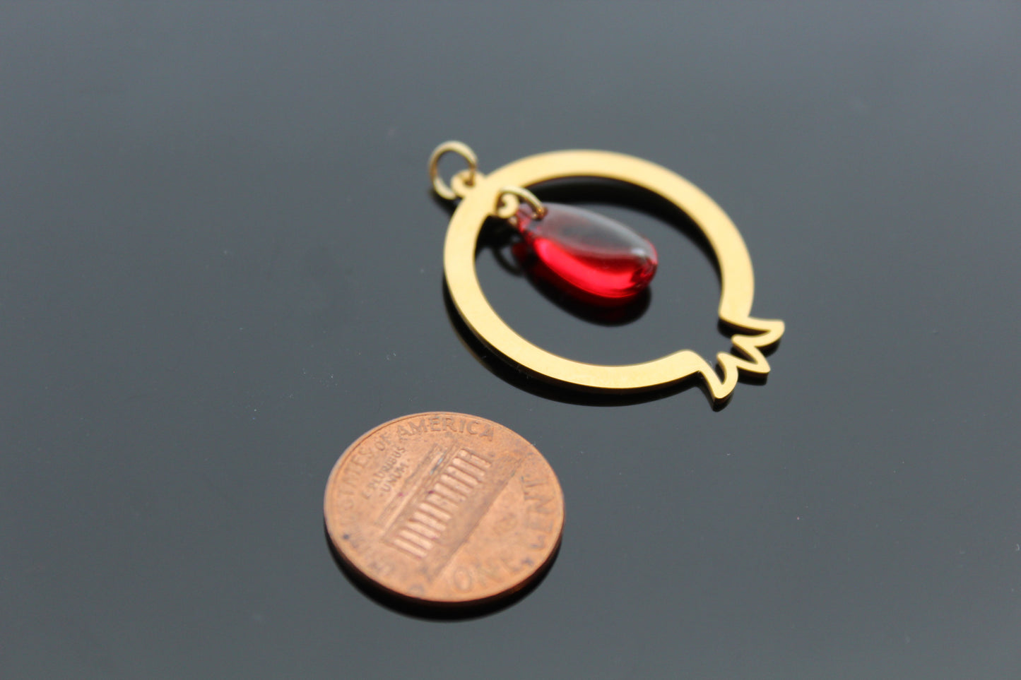 Pomegranate charm pendant for jewelry making with gold plated stainless steel parts and glass bead