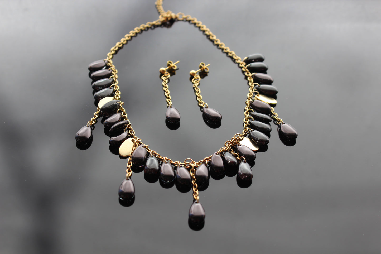 Handmade black drop glass beads jewelry set