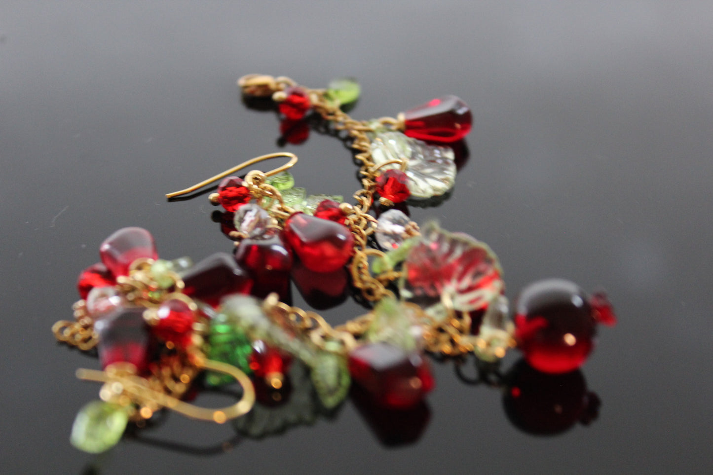 Handmade pomegranate jewelry with hypoallergenic gold plated stainless steel hardware and resin glass beads