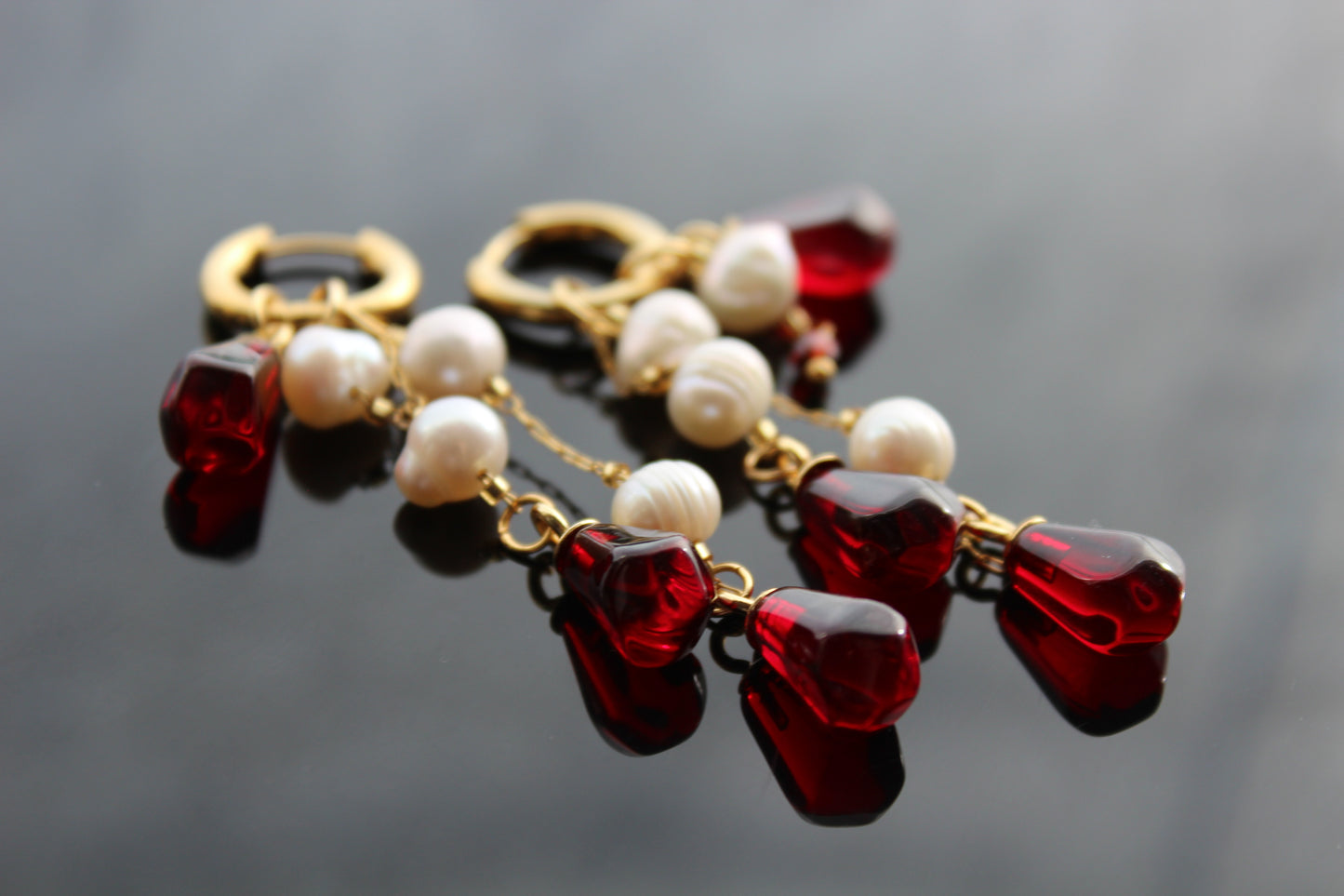 Hypoallergenic Pomegranate glass seeds hoop earrings with natural pearls 14K gold plated stainless steel, non tarnish jewelry