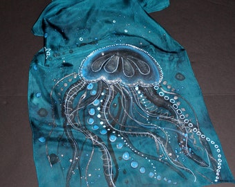 Hand dyed and hand painted jellyfish, marine ocean silk scarf