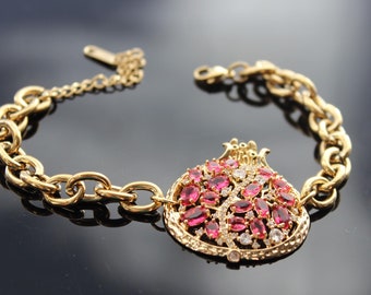 Adjustable 14K gold plated stainless steel pomegranate bracelet with crystals and zircons