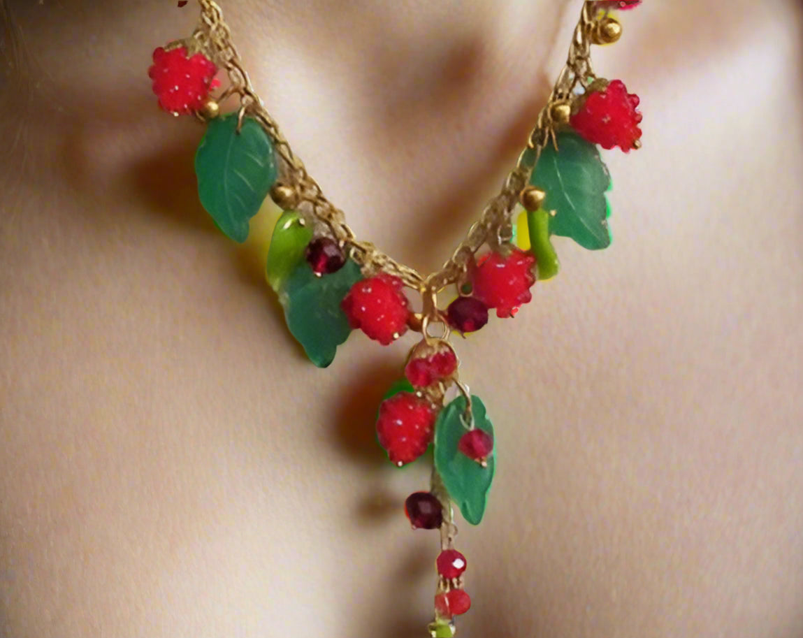 Handmade glazed glass raspberry jewelry set