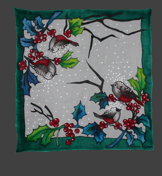 Hand painted Winter scarf, Snowball Winter Bird scarf