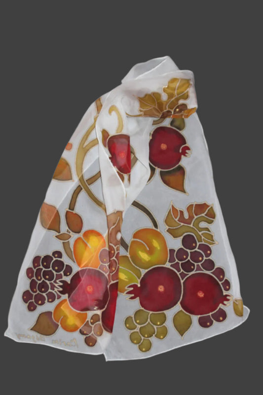 Hand painted long silk scarf Pomegranates