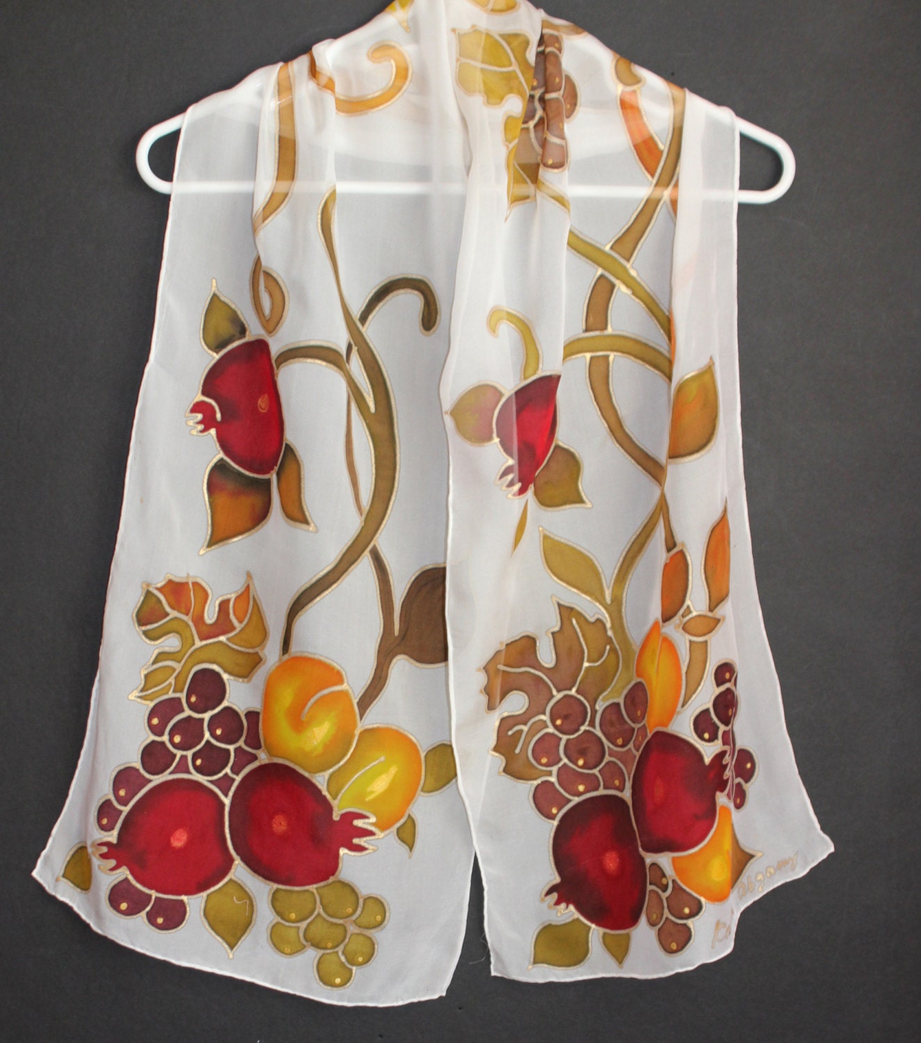 Hand painted long silk scarf Pomegranates