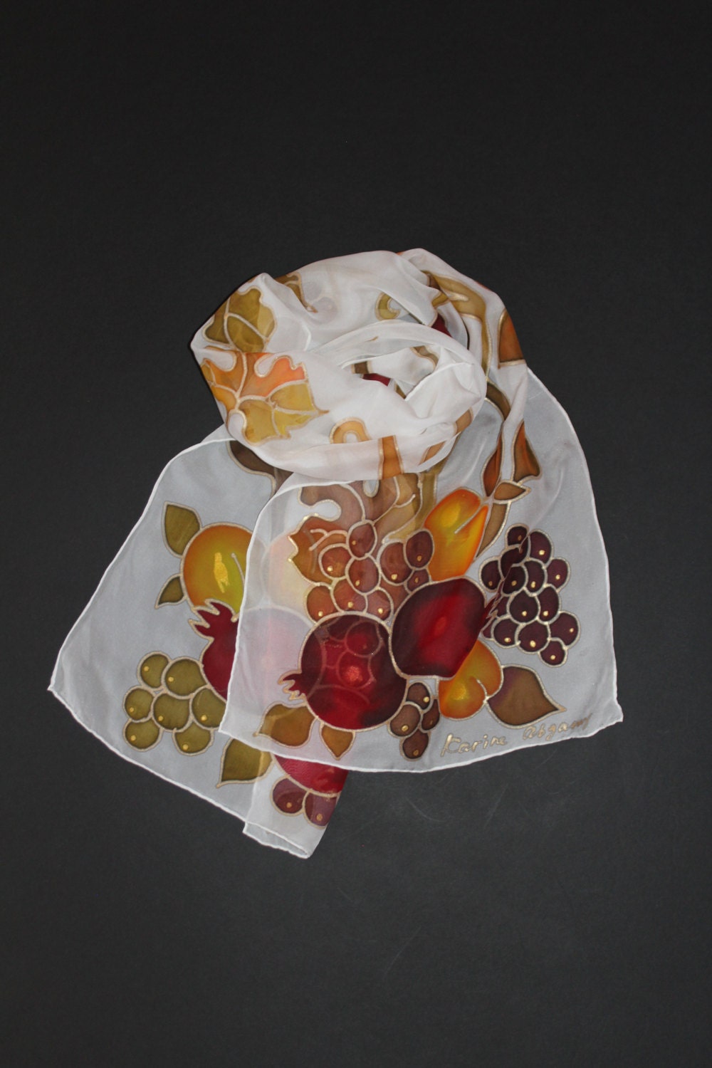 Hand painted long silk scarf Pomegranates