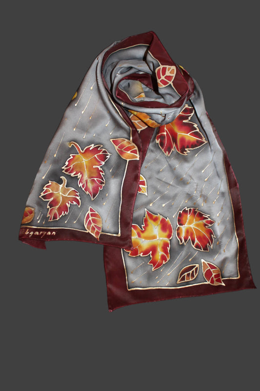 Hand painted silk scarf, Fall long satin scarf