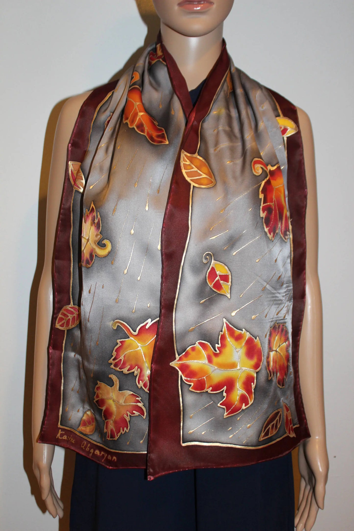 Hand painted silk scarf, Fall long satin scarf