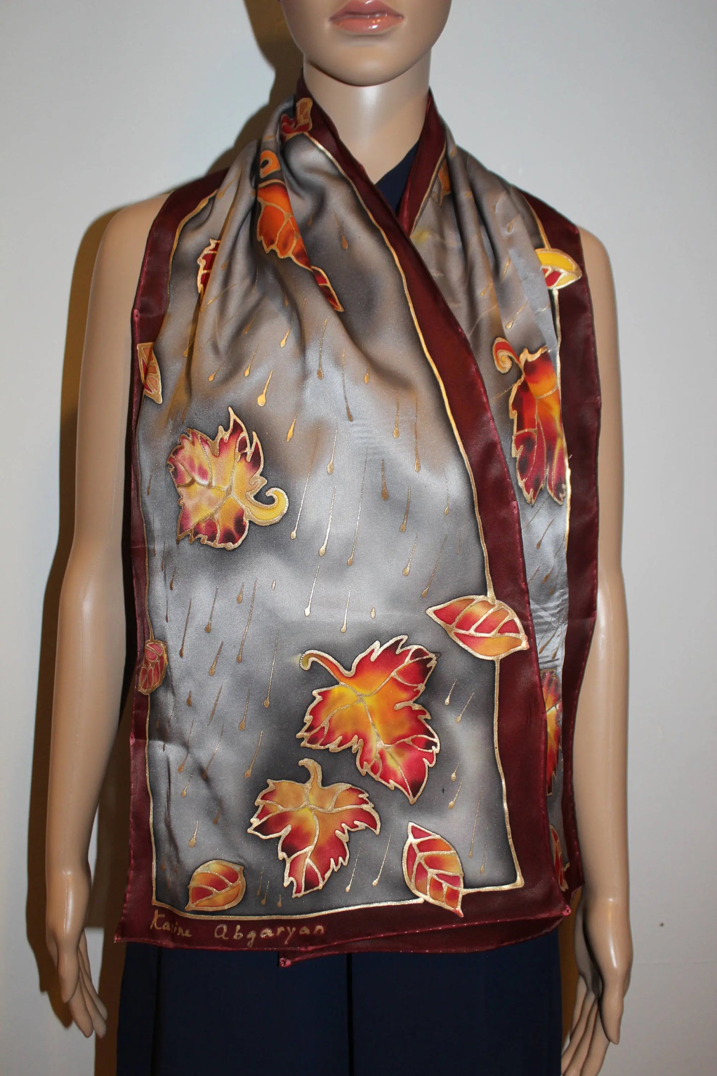 Hand painted silk scarf, Fall long satin scarf