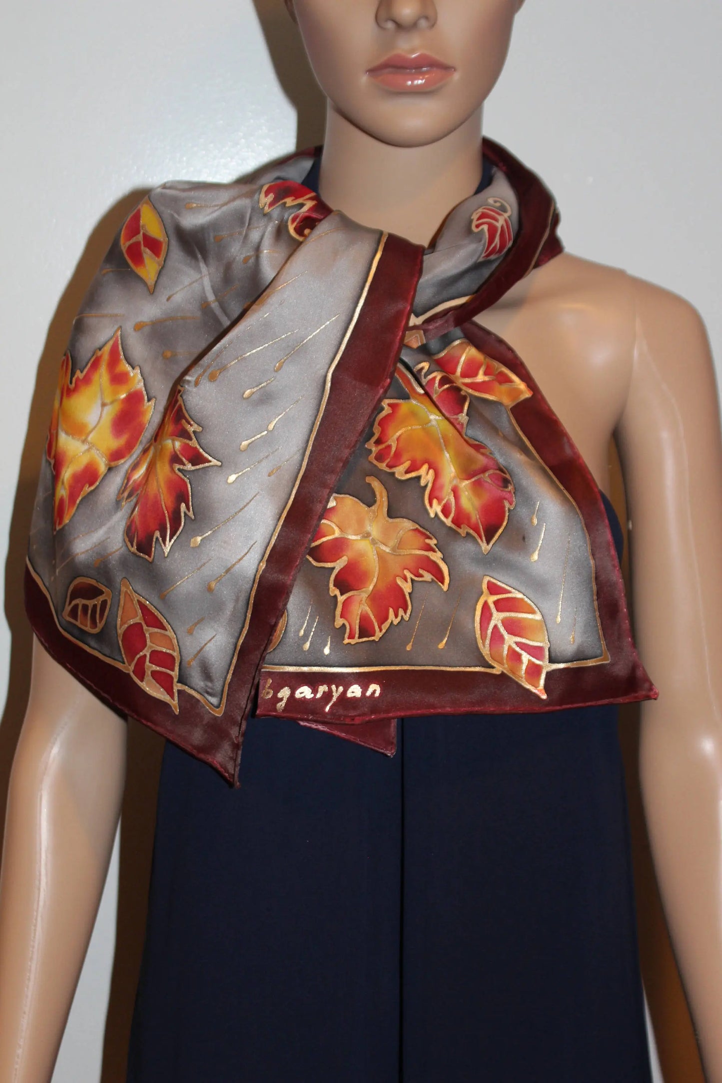 Hand painted silk scarf, Fall long satin scarf