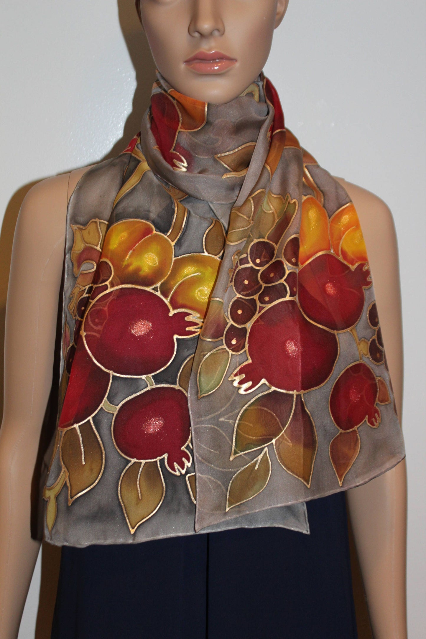 Hand painted fruits scarf, Pomegranates apricots grapes