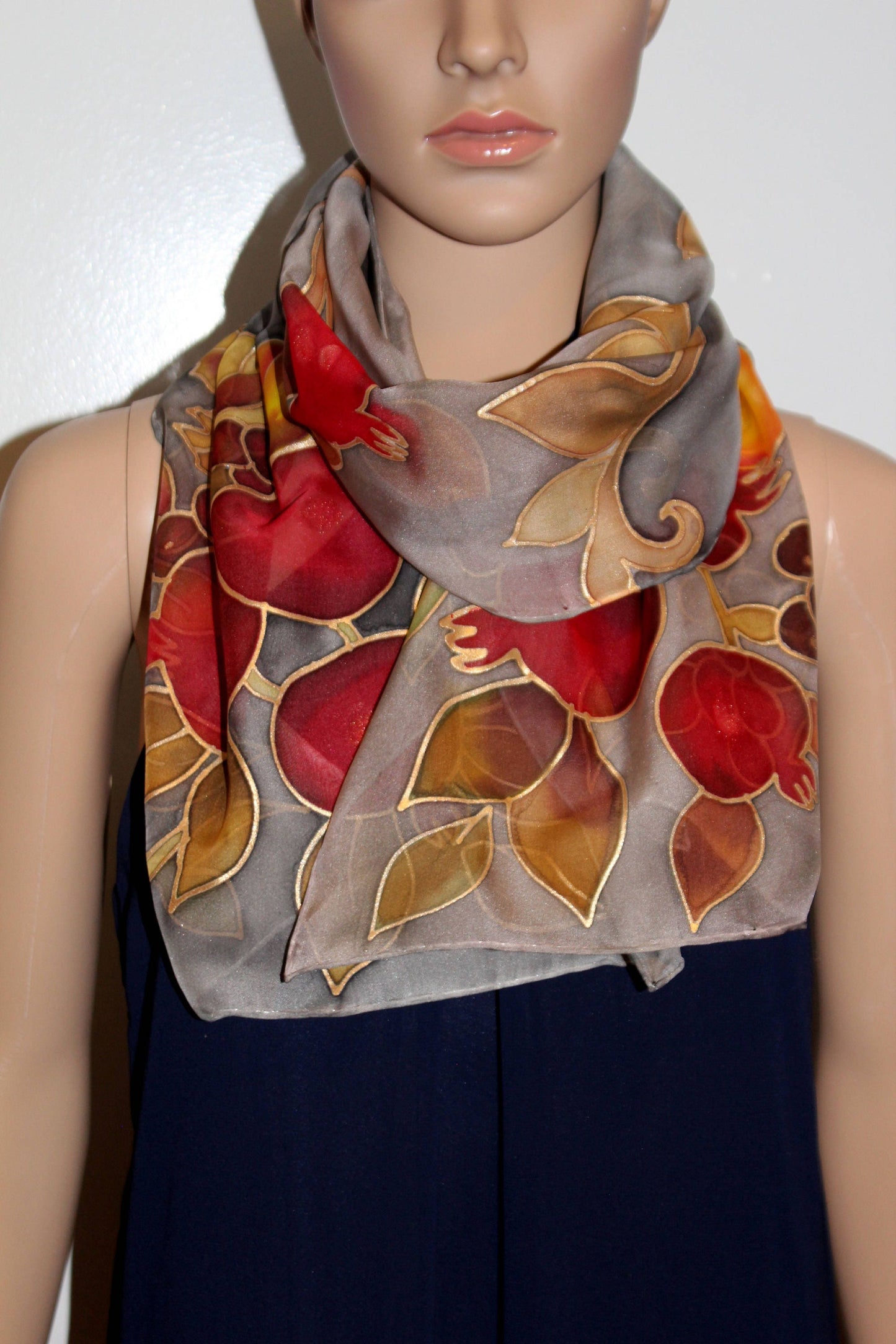 Hand painted fruits scarf, Pomegranates apricots grapes