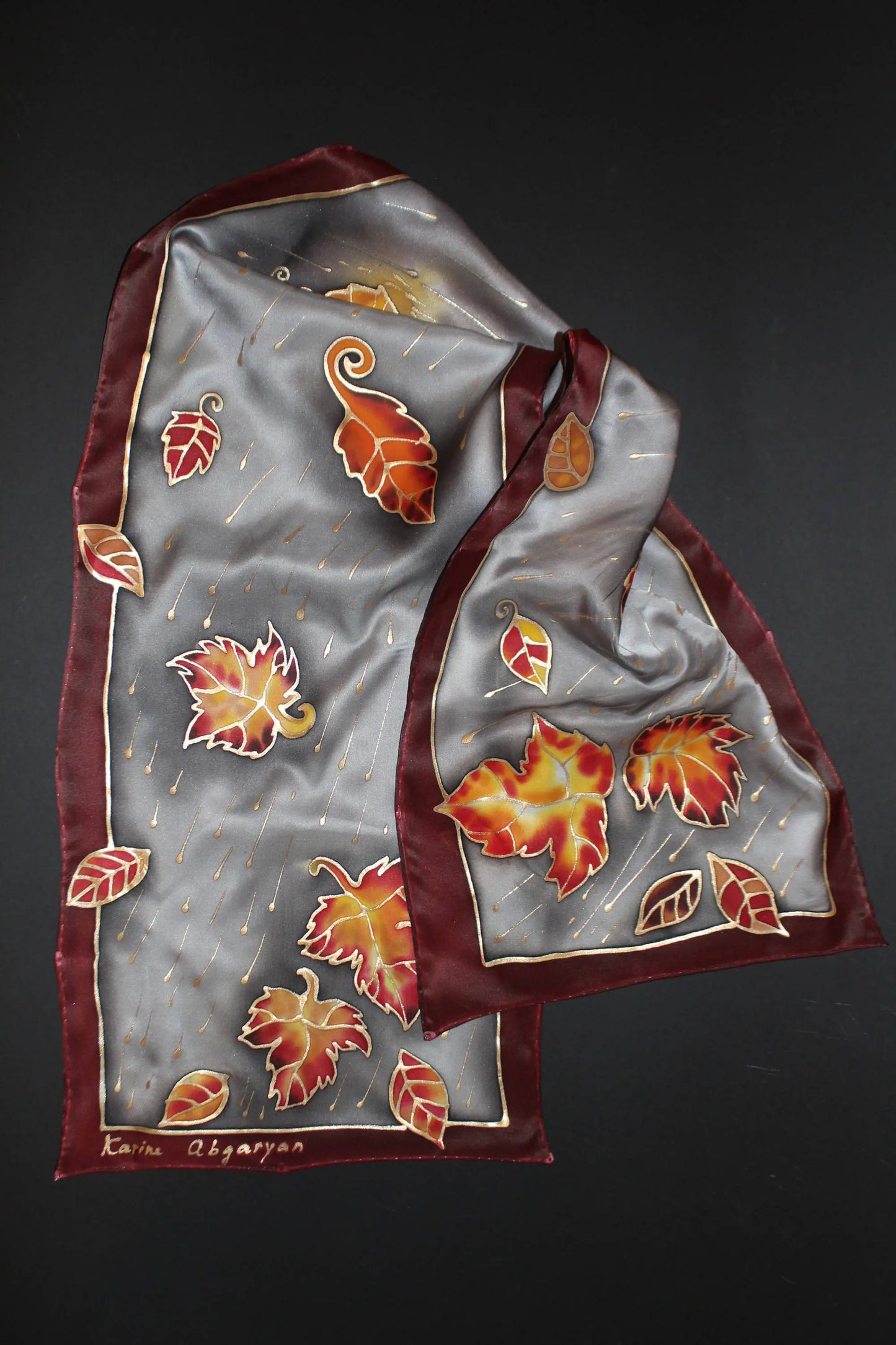 Hand painted silk scarf, Fall long satin scarf