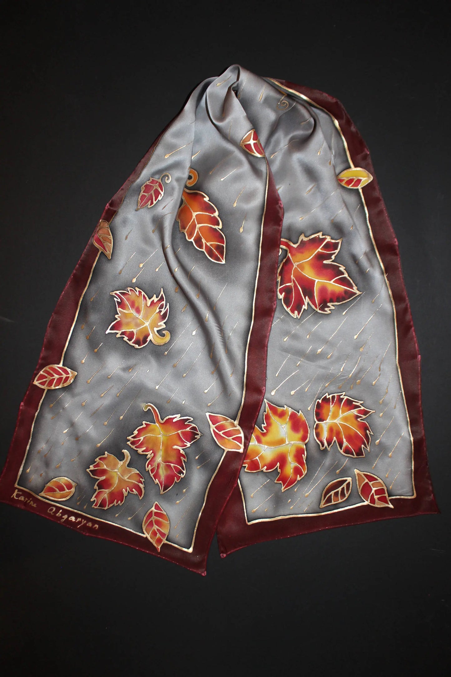 Hand painted silk scarf, Fall long satin scarf