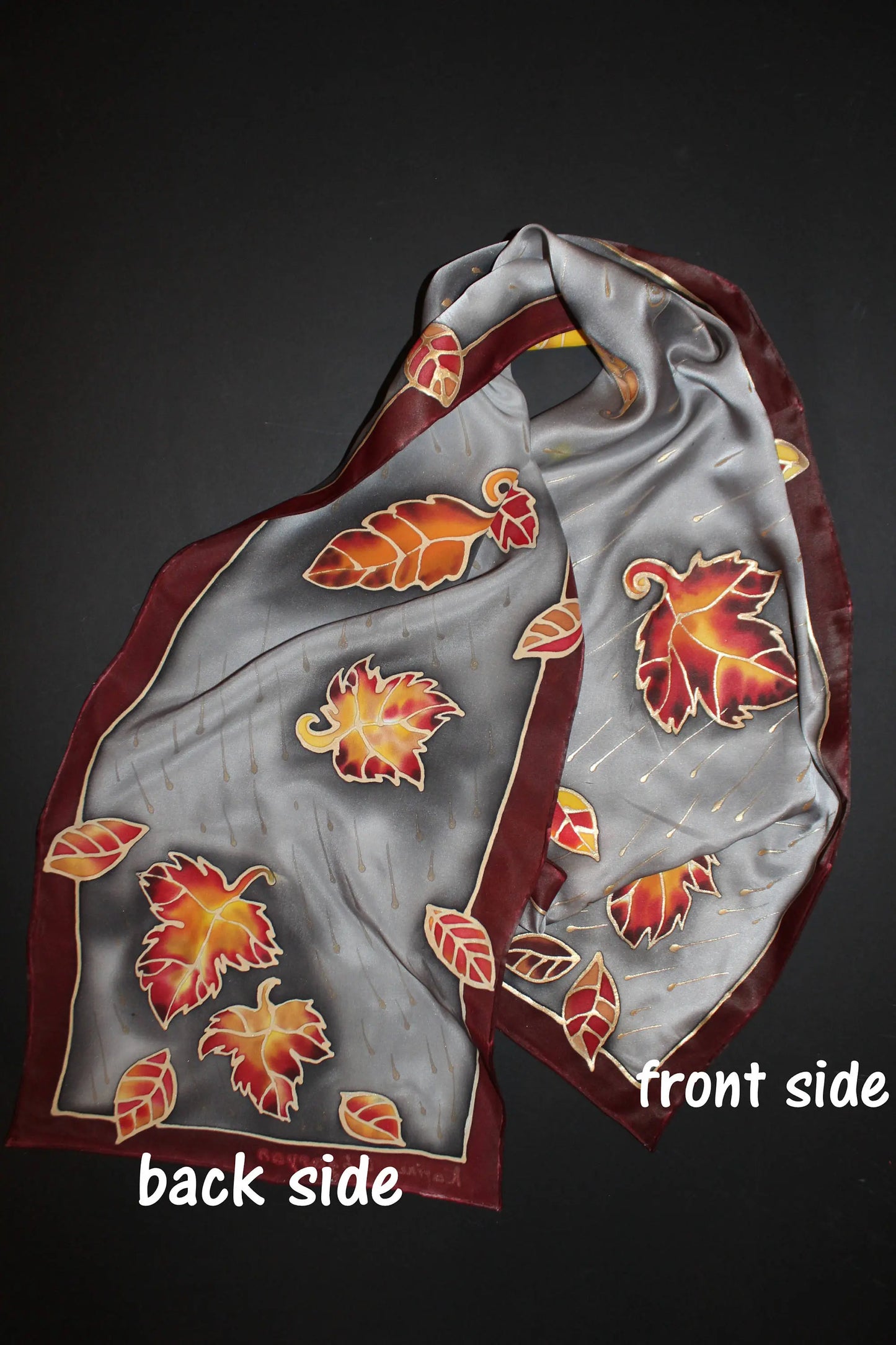 Hand painted silk scarf, Fall long satin scarf