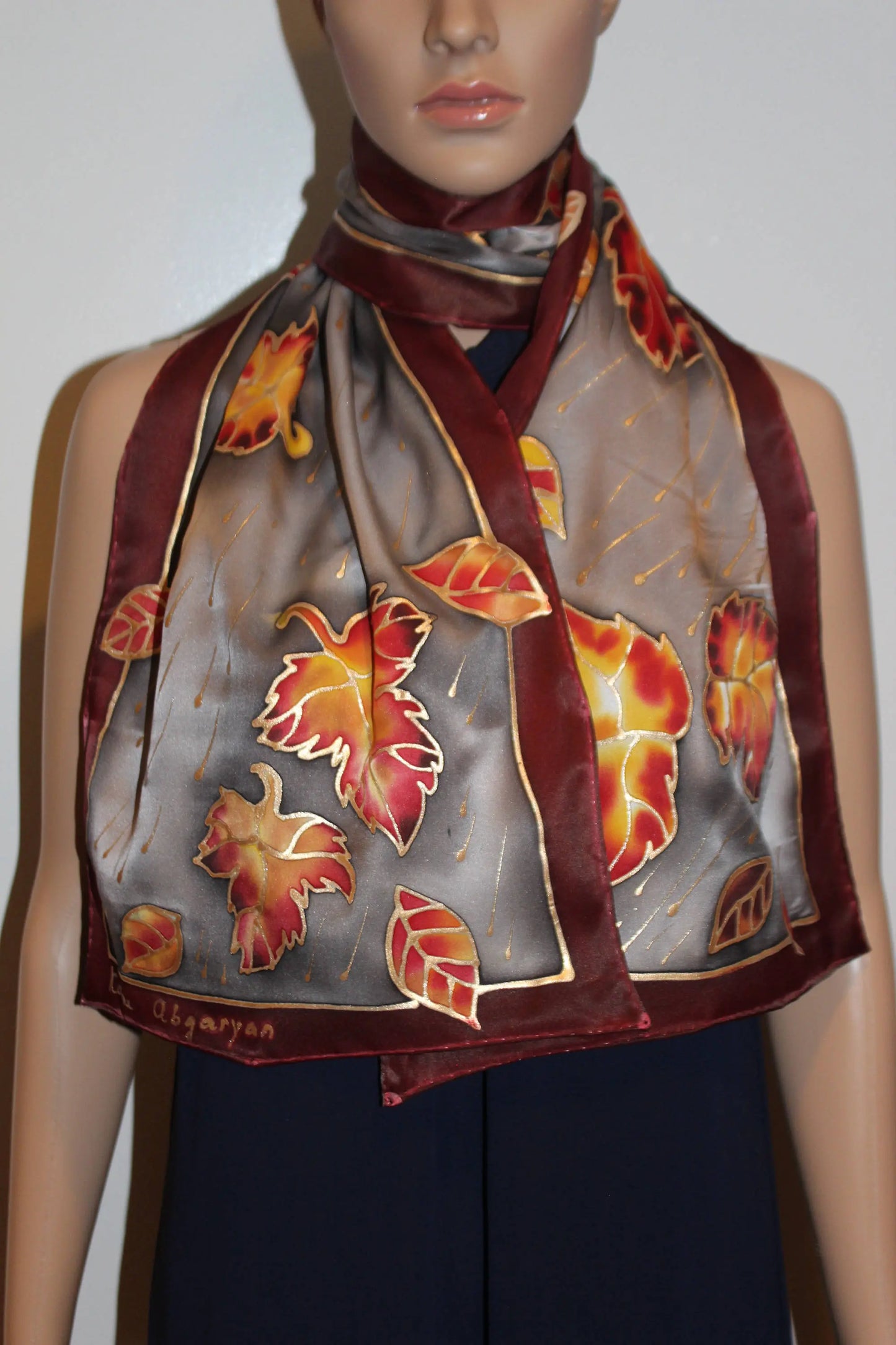 Hand painted silk scarf, Fall long satin scarf